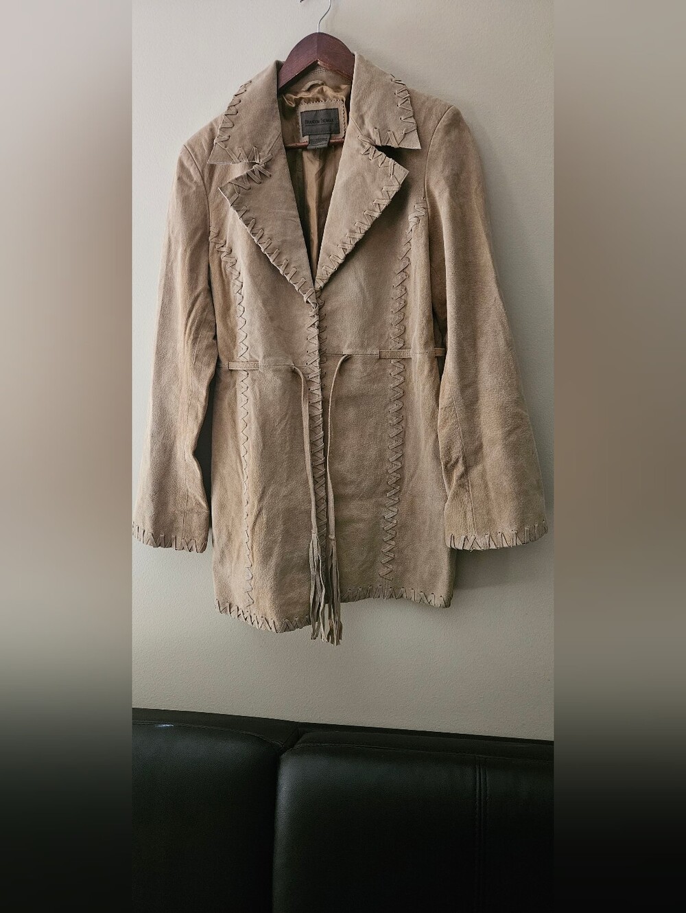 Brandon Thomas Taupe Suede Fringe Waist-Tie Jacket